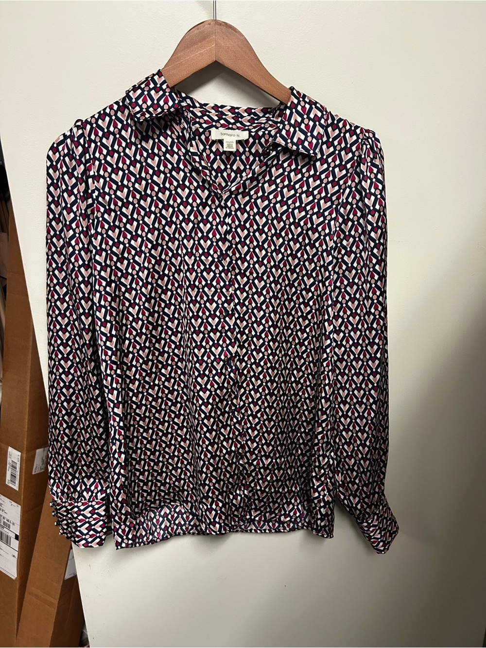 Printed Button-Down Blouse in Navy, White & Pink